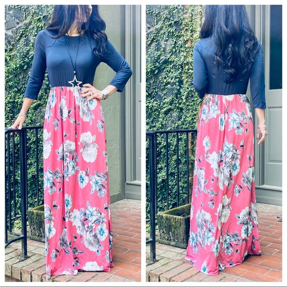 ✨LAST ONE✨CHARCOAL FLORAL SIDE POCKETS MAXI DRESS - Picture 7 of 13